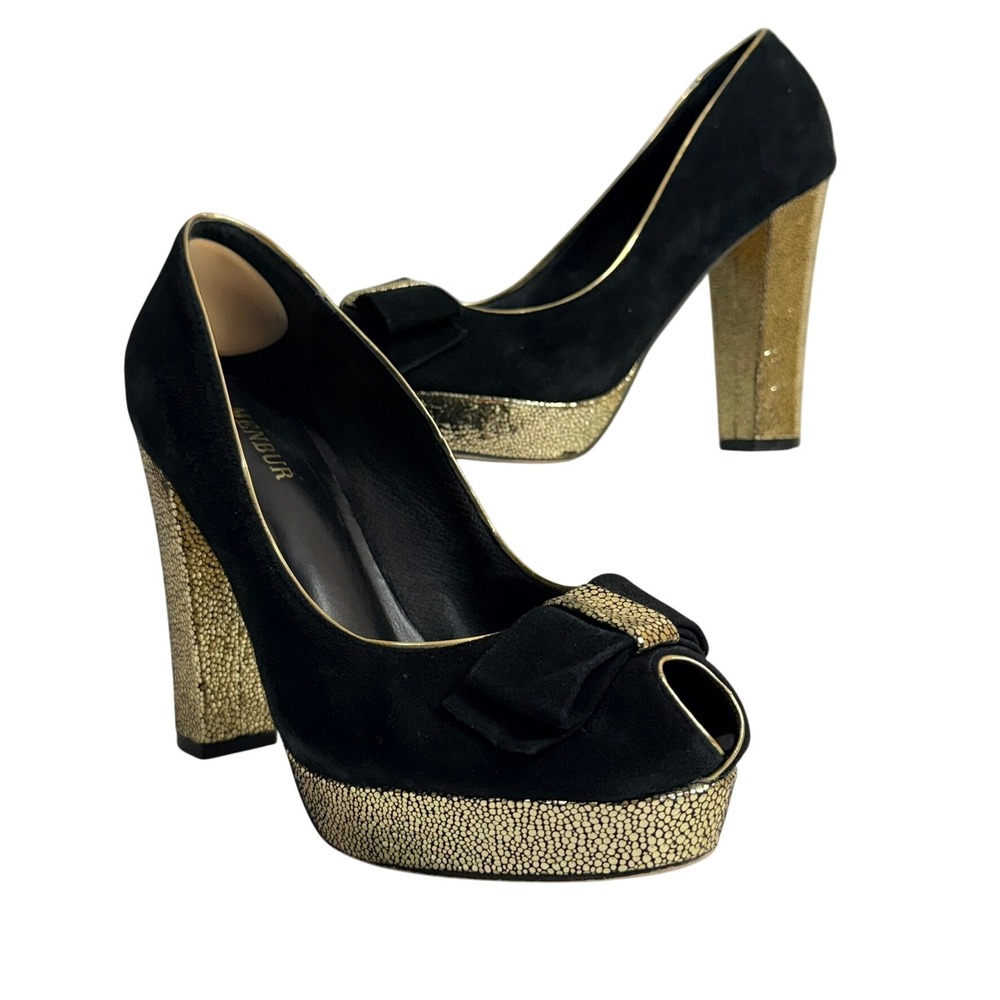Menbur Womens‎ Heels 40 Suede Peep Toe Platform Bow Gold Block Heel Black